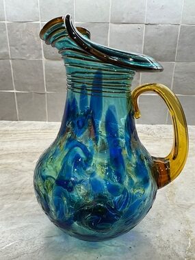 Glass Eye Studio -Stunning Handblown Blue and Amber Glass Pitcher